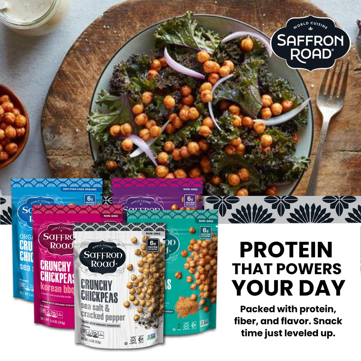 Saffron Road Crunchy Chickpeas Sea Salt & Cracked Pepper in bowl, crisp topping.