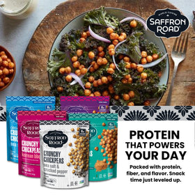 Saffron Road Crunchy Chickpeas Sea Salt & Cracked Pepper in bowl, crisp topping.