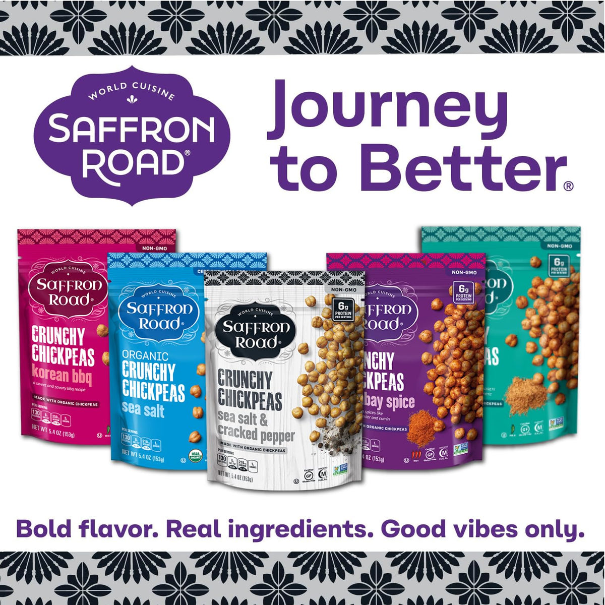 Saffron Road Crunchy Chickpeas variety pack, six-pack of global flavors.