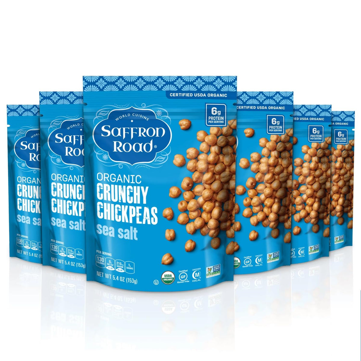 Saffron Road Organic Sea Salt Crunchy Chickpeas ready to snack with protein-rich plant power.