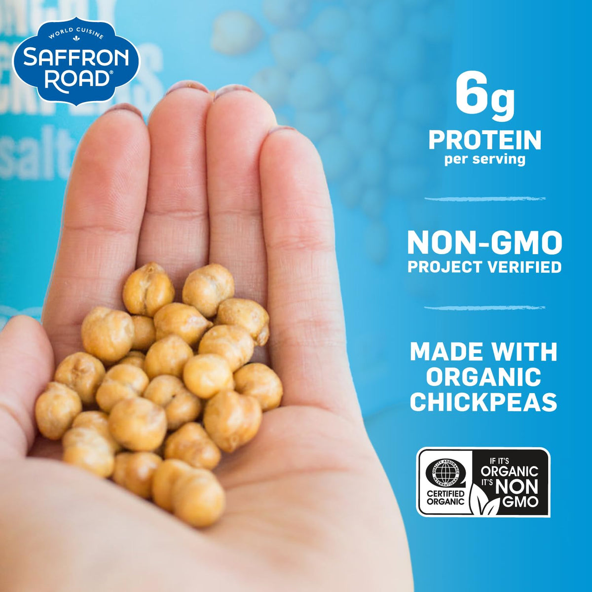 Saffron Road Organic Sea Salt Crunchy Chickpeas in a resealable pouch stay fresh between uses.