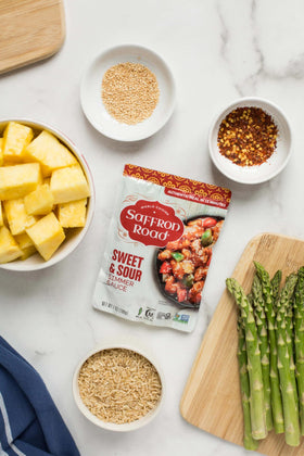 Saffron Road simmer sauce packaging pouch stack showing easy storage.