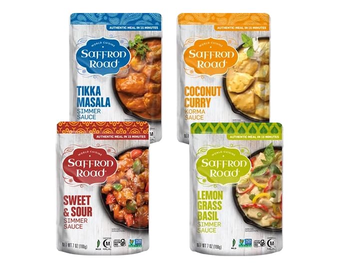 Saffron Road Simmer Sauce Tikka Masala pouch for quick, flavorful family curry.
