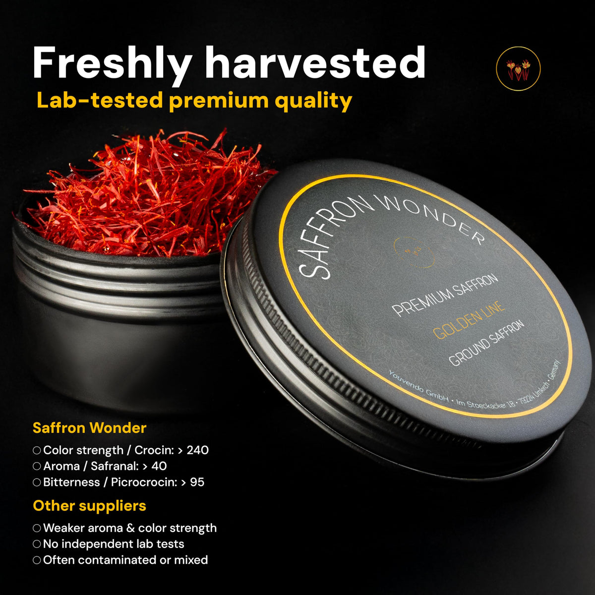 Saffron Wonder Grade 1 ISO saffron ensuring purity and consistent aroma.