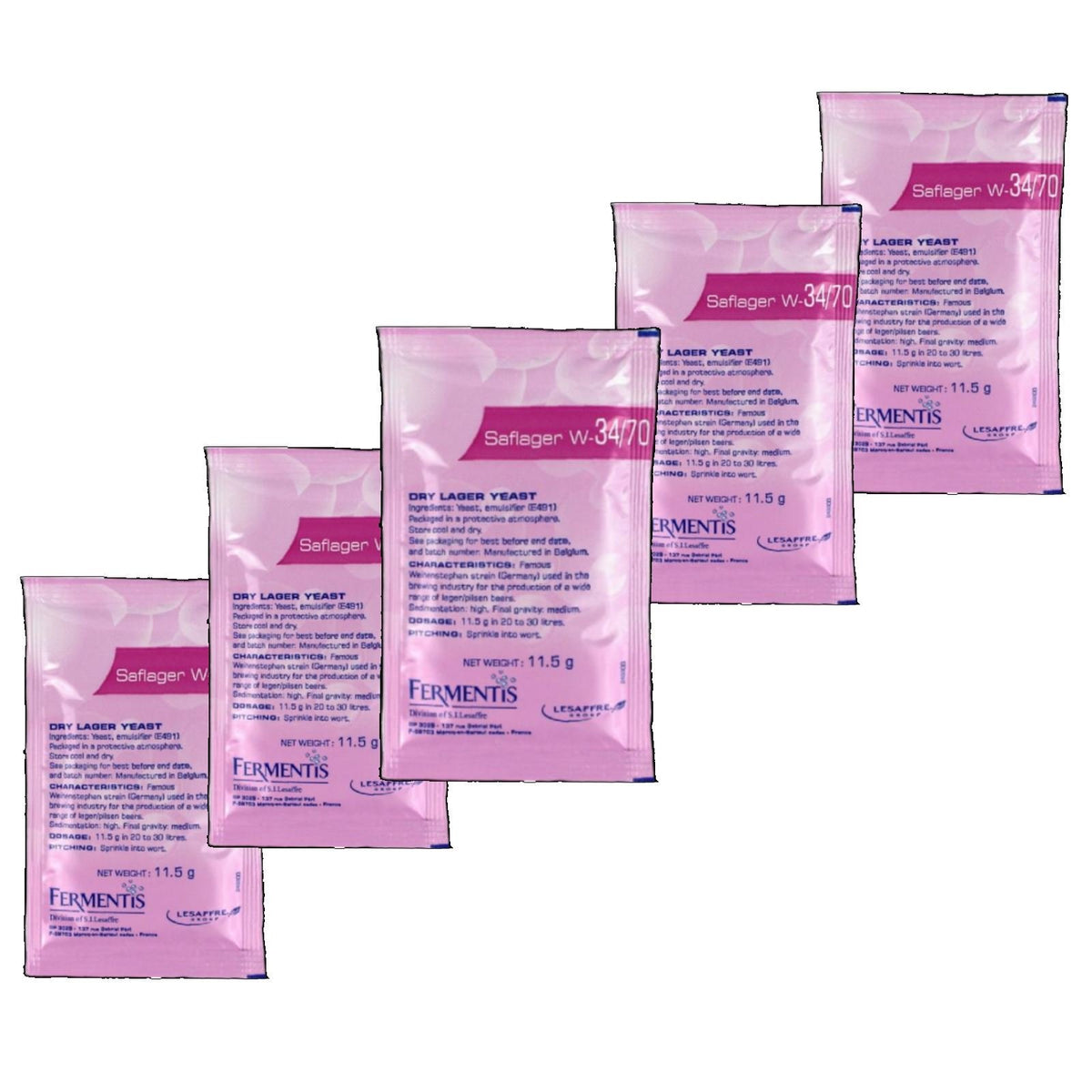 Saflager W34/70 yeast sachets for consistent lager fermentation in 10–15 L batches.