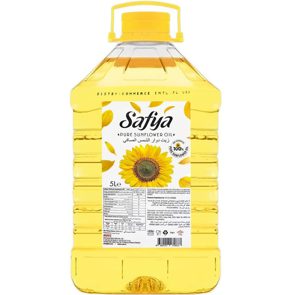 Safya 5L bottle of 100% pure sunflower oil, premium quality for versatile cooking.