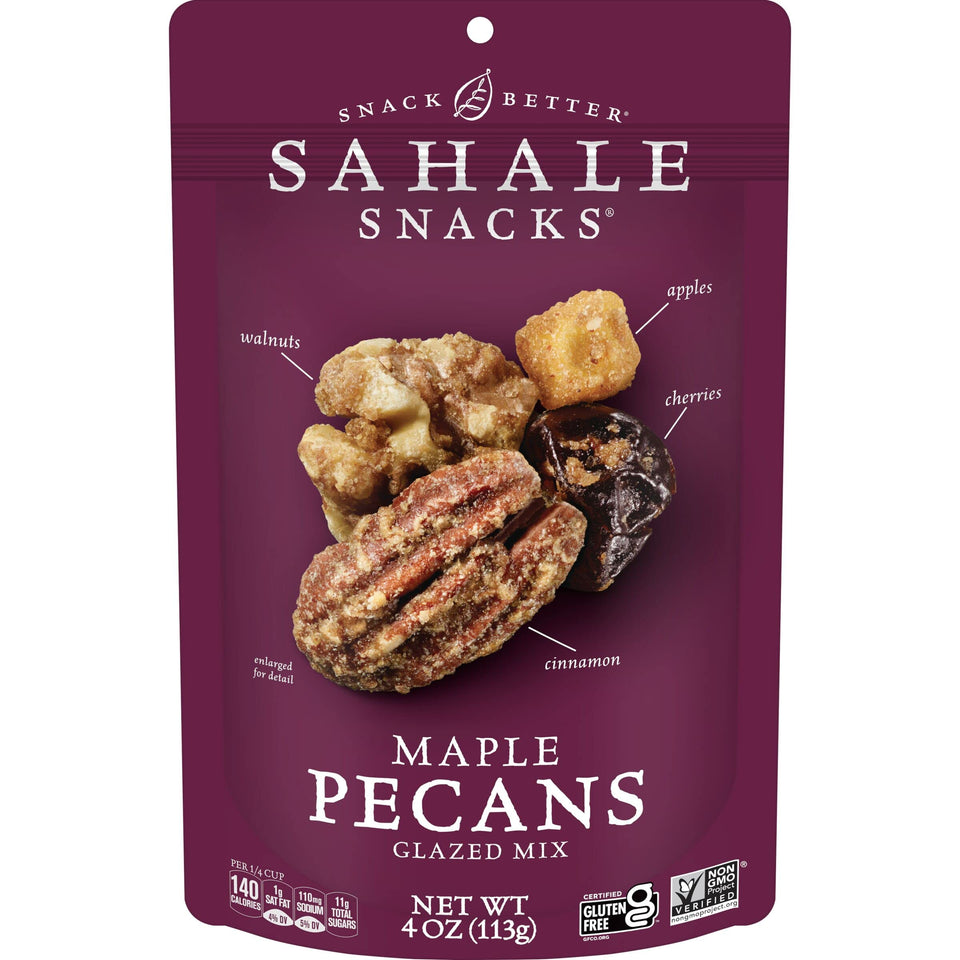 Sahale Maple Pecans Glazed Mix jar—premium nuts ideal for on-the-go snacking