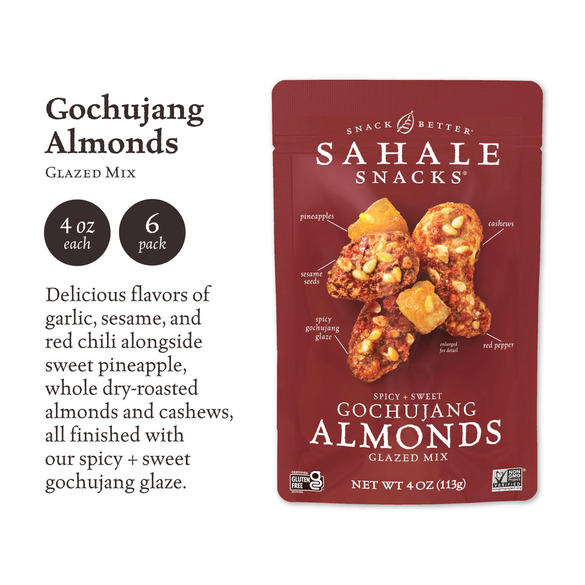 Closeup of Sahale Gochujang Almonds Glazed Mix glaze on almonds.