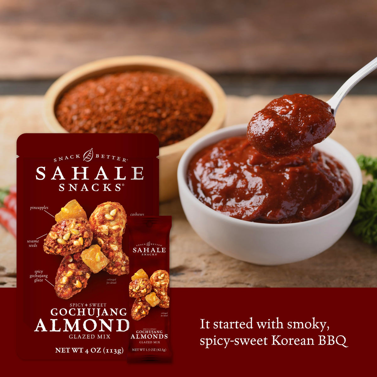 Visible ingredients and sesame accents in Sahale Gochujang Almonds Glazed Mix.