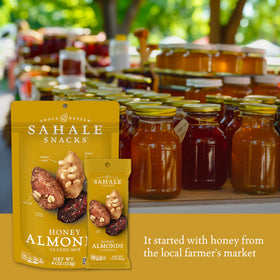 Sahale Snacks Honey Almonds Glazed Mix ingredients close-up with cranberries and vanilla