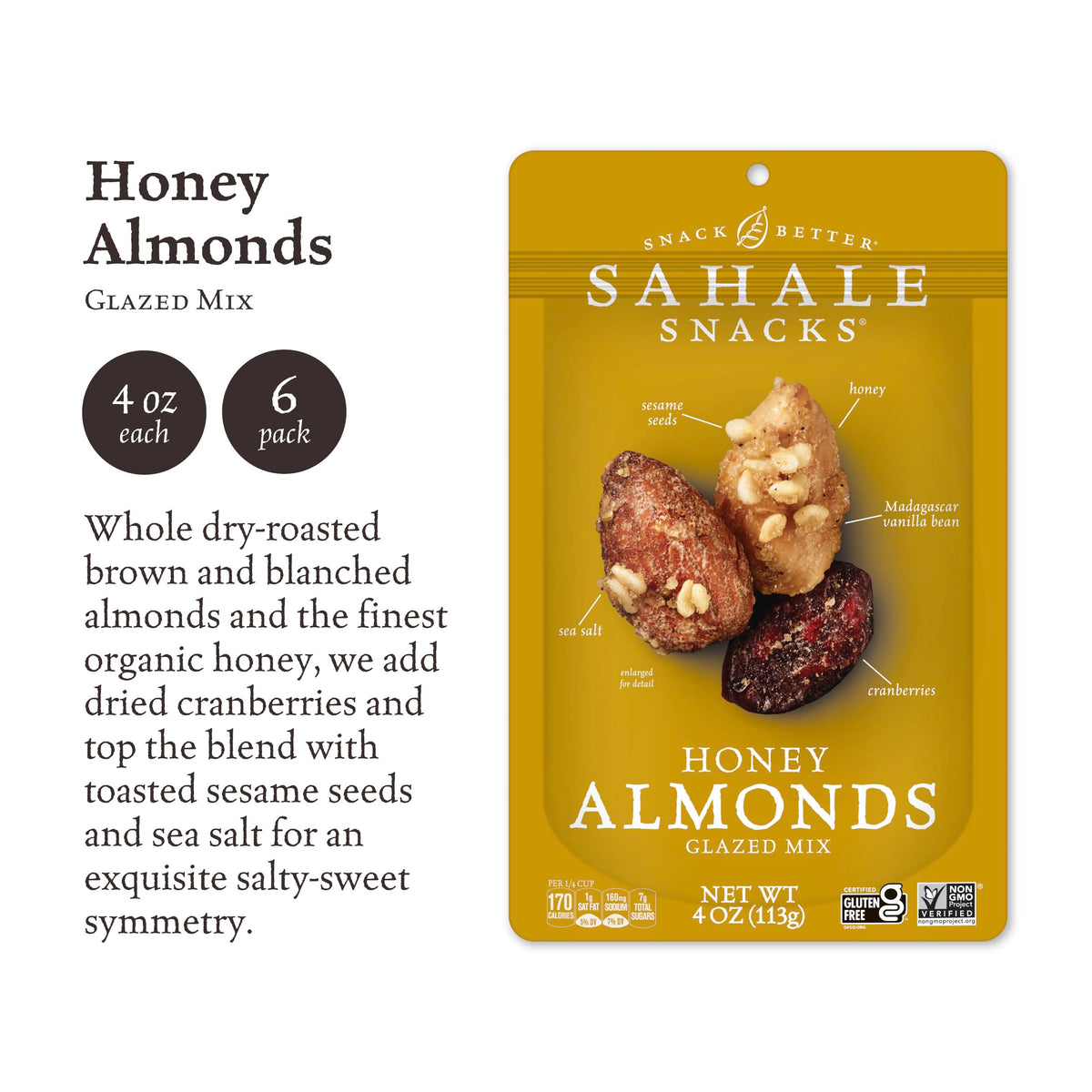 Sahale Snacks Honey Almonds Glazed Mix pouch opened for quick snacking