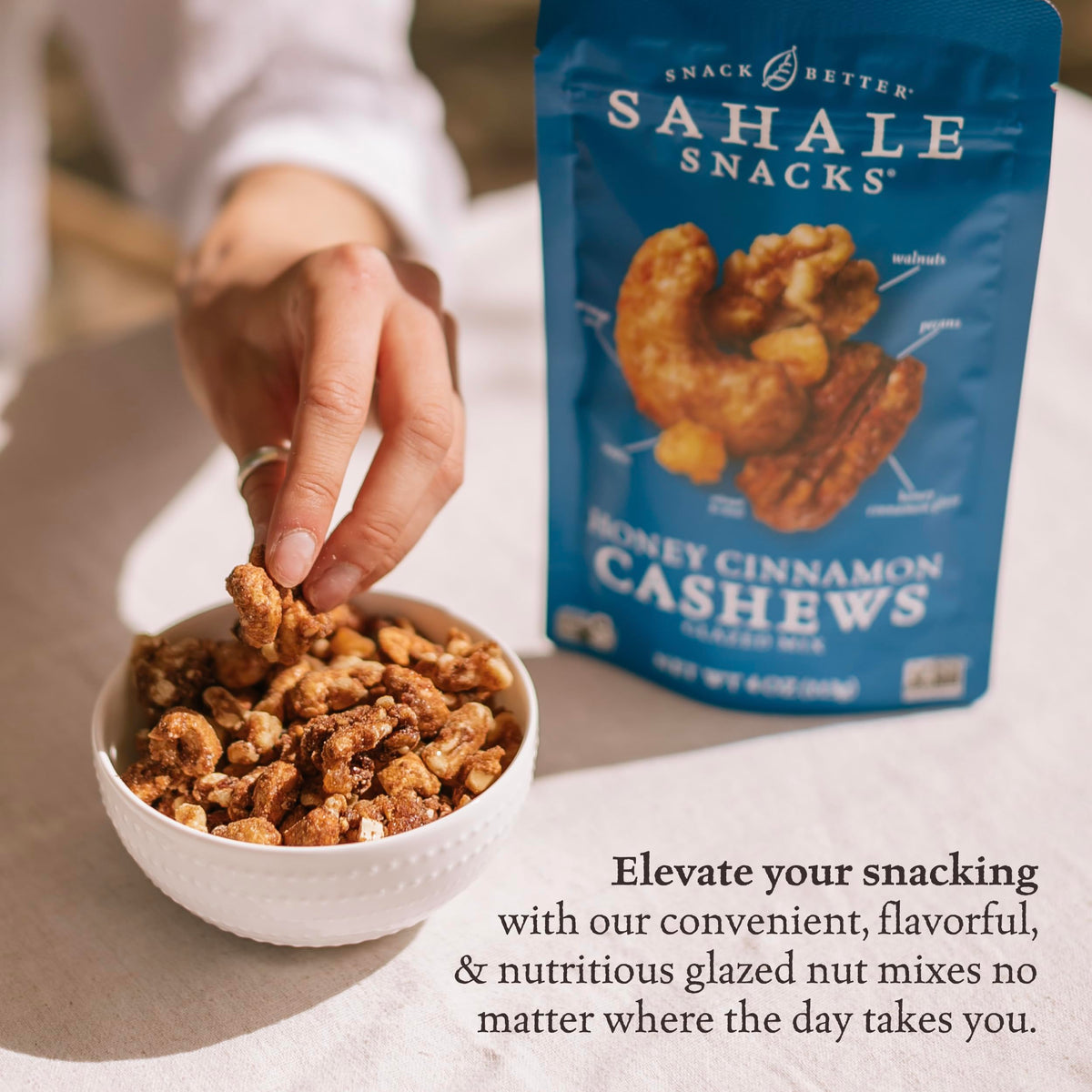 Pair Sahale Honey Cinnamon Cashews Glazed Mix with coffee for a quick bite