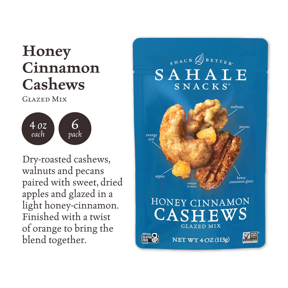 Close-up of the glossy honey cinnamon glaze on Sahale Honey Cinnamon Cashews Glazed Mix