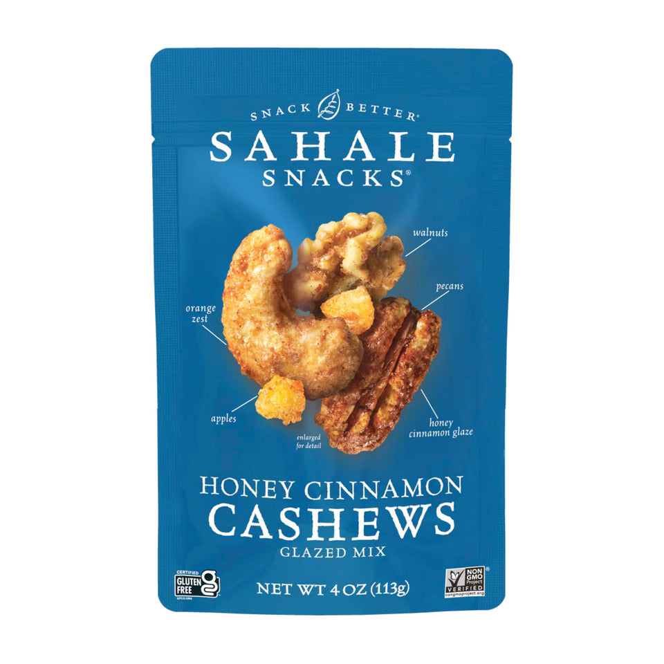 Sahale Snacks Honey Cinnamon Cashews Glazed Mix packaging showing six-pack convenience