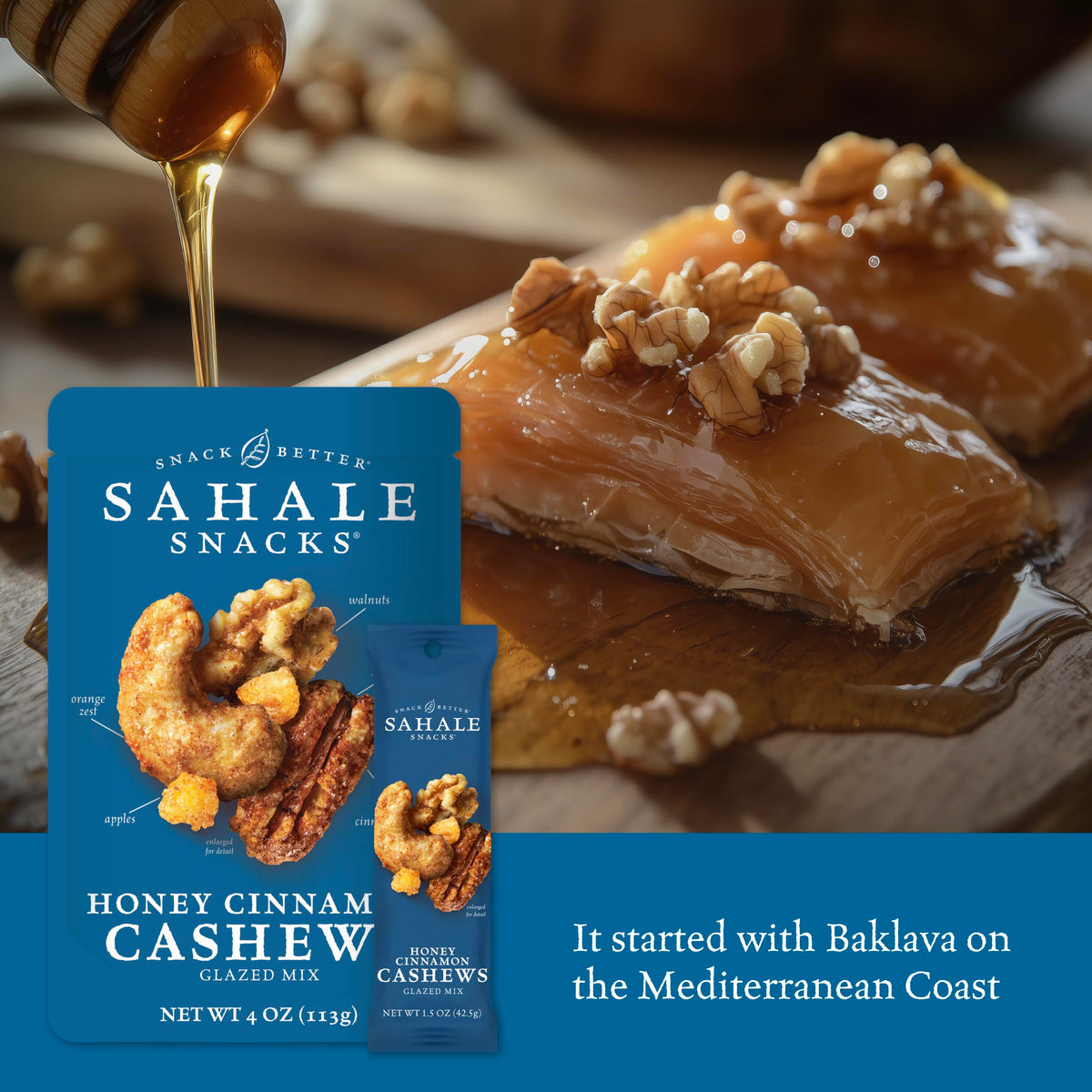Roasted cashews coated in honey cinnamon glaze from Sahale Snacks