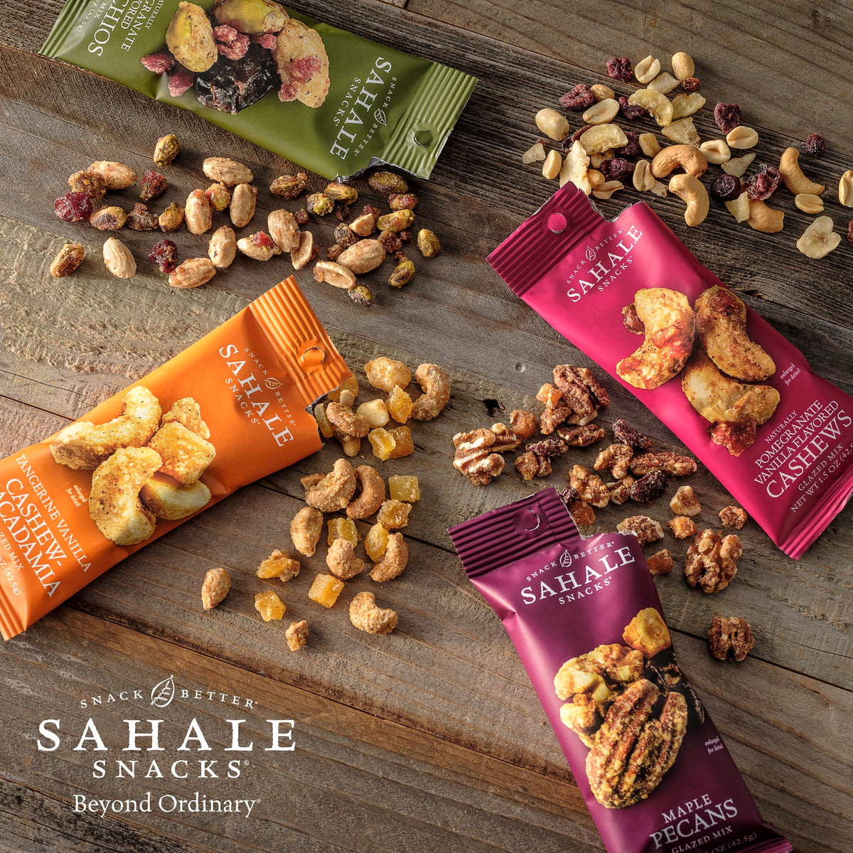 Sahale Maple Pecans Glazed Mix ingredient panel highlights non-GMO, kosher, gluten-free