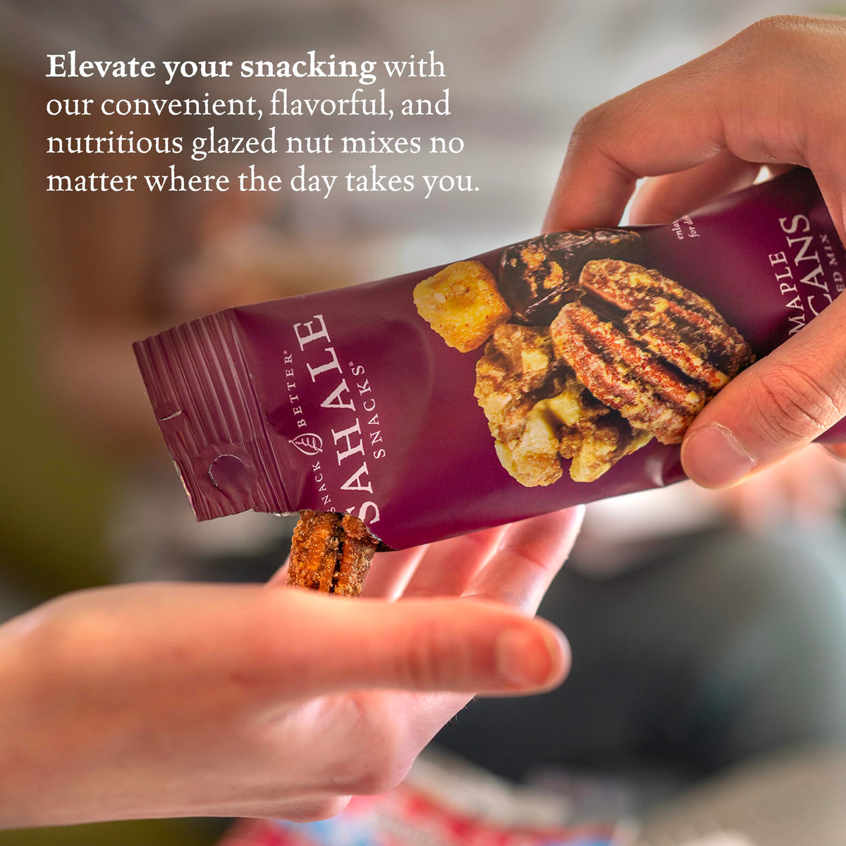 Sahale Maple Pecans Glazed Mix on-the-go pack showcasing 1.5 oz portion