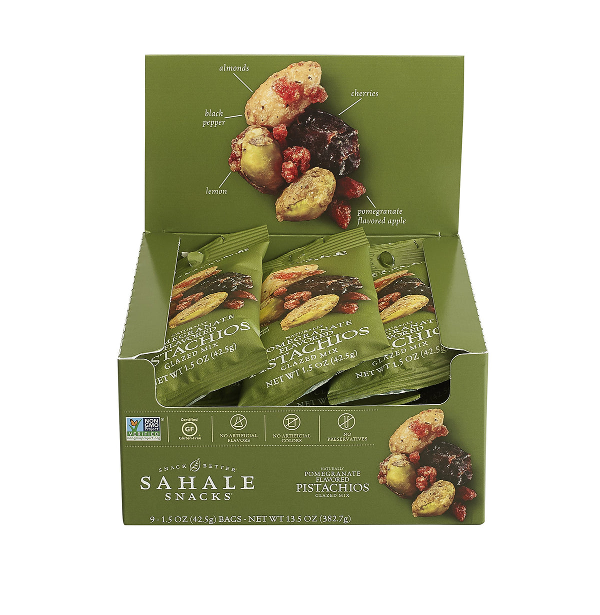 Sahale Snacks pomegranate pistachios glazed mix with almonds and cherries for a flavorful bite.