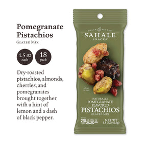 Sahale Snacks pomegranate pistachios glazed mix close-up glaze highlights sweet-salty balance