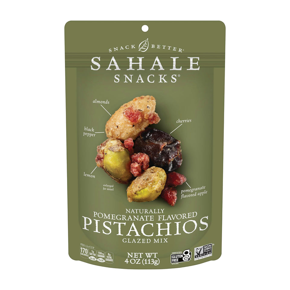 Sahale Snacks Pomegranate Pistachios Glazed Mix six-pack resealable pouches for on-the-go snacking.