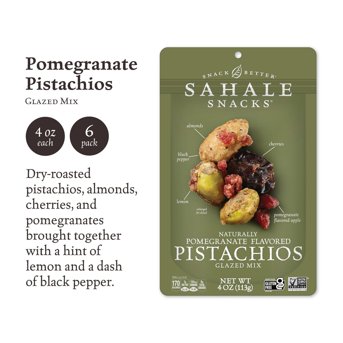 Sahale Snacks Pomegranate Pistachios Glazed Mix vibrant cherries and pomegranate notes for a lively flavor.