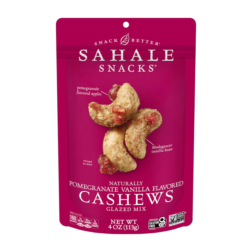 Sahale Snacks Pomegranate Vanilla Cashews front-pack ideal for on-the-go snacking.
