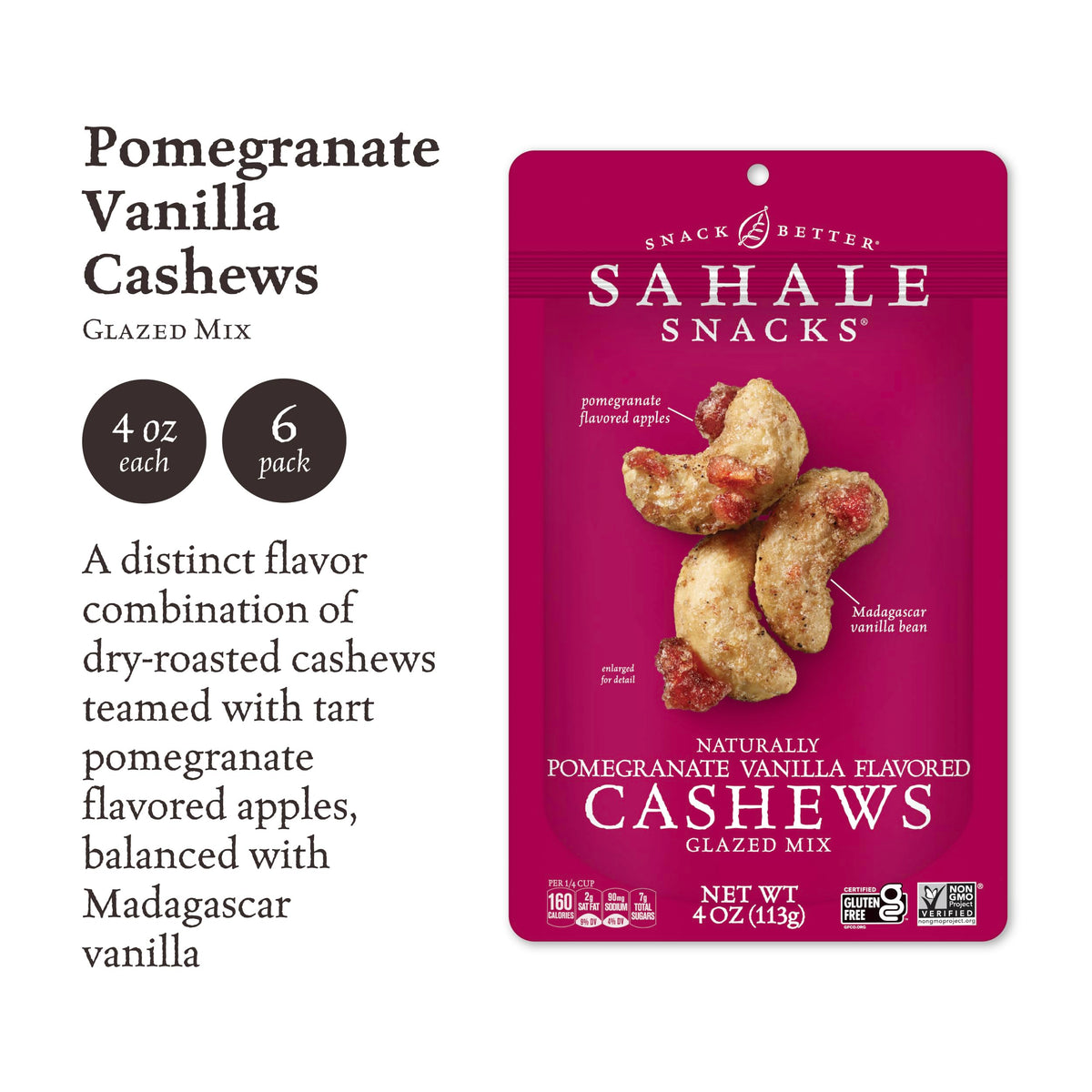 Sahale Snacks Pomegranate Vanilla Cashews glazed close-up highlighting glossy coating.