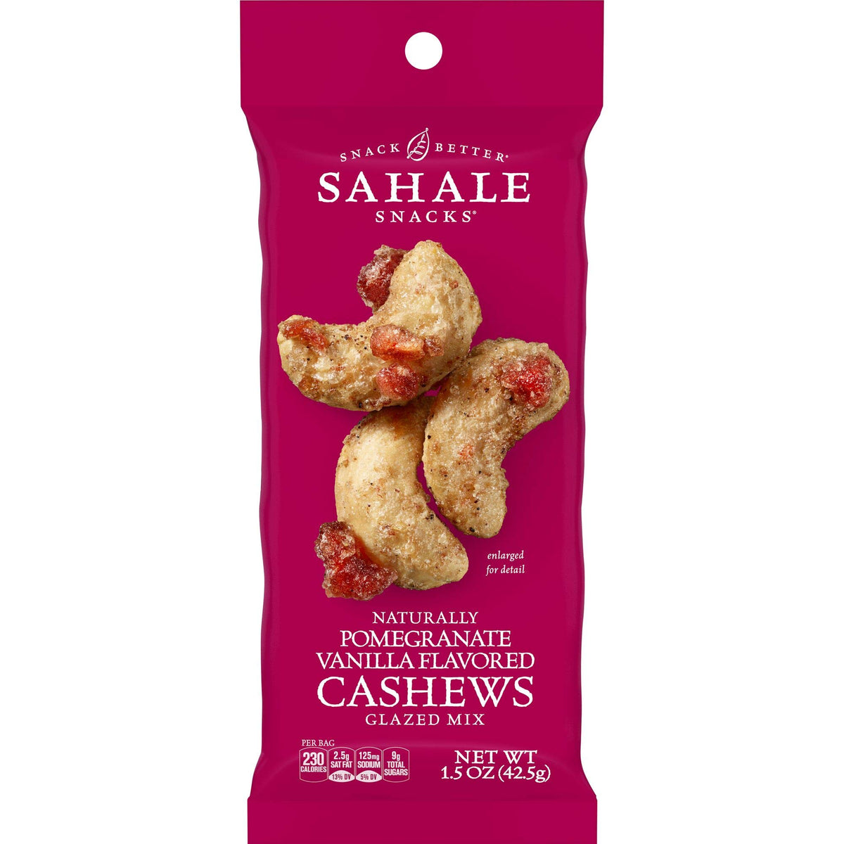 Sahale Snacks Pomegranate Vanilla Cashews glazed mix in a bag for on-the-go flavor.