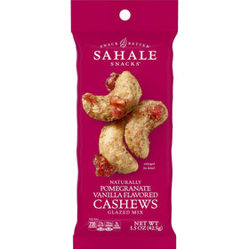 Sahale Snacks Pomegranate Vanilla Cashews glazed mix in a bag for on-the-go flavor.