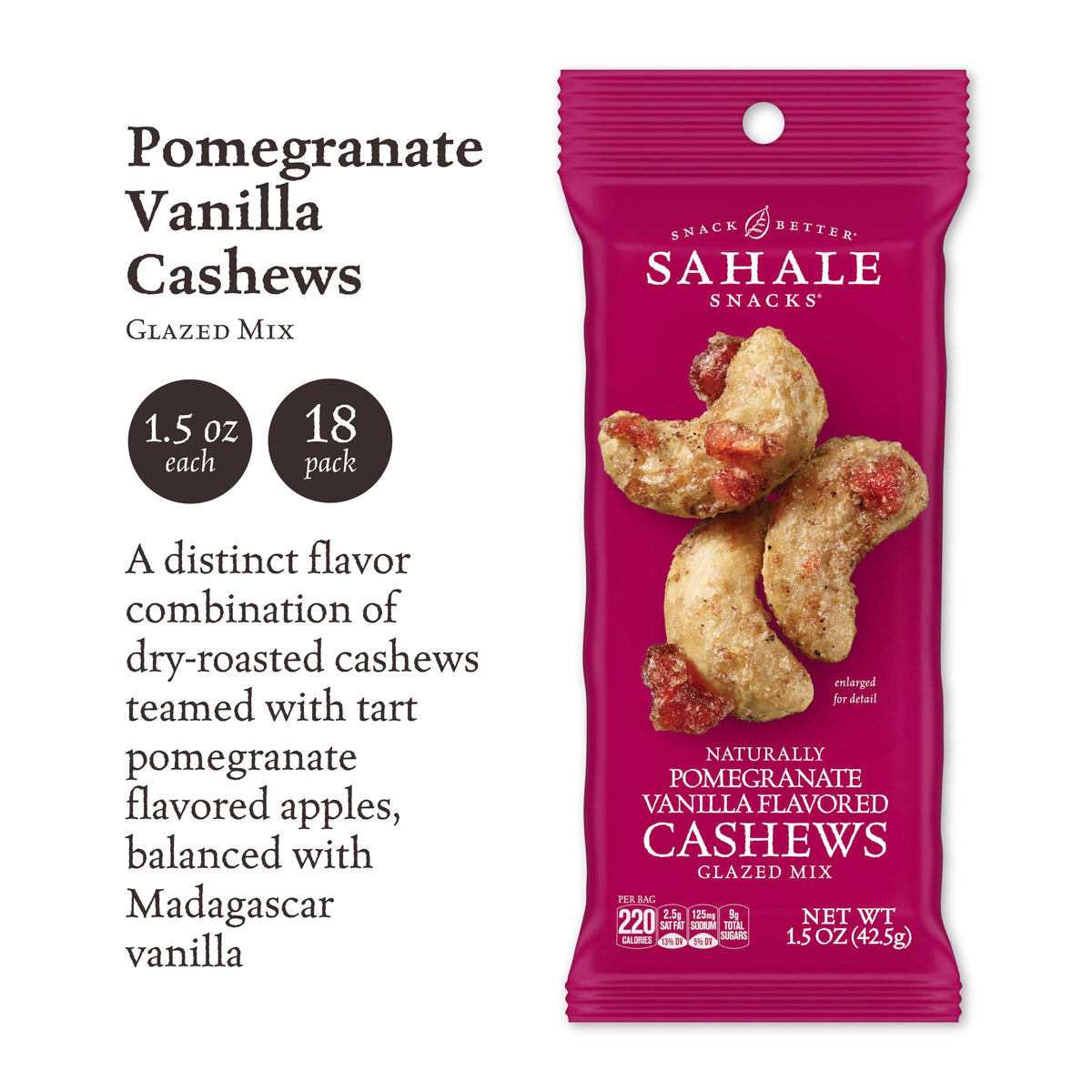 Sahale Snacks Pomegranate Vanilla Cashews with apples and vanilla suit desk snacking.