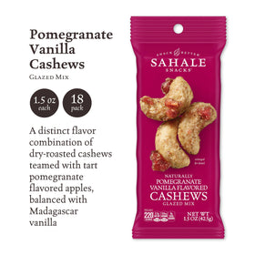 Sahale Snacks Pomegranate Vanilla Cashews with apples and vanilla suit desk snacking.