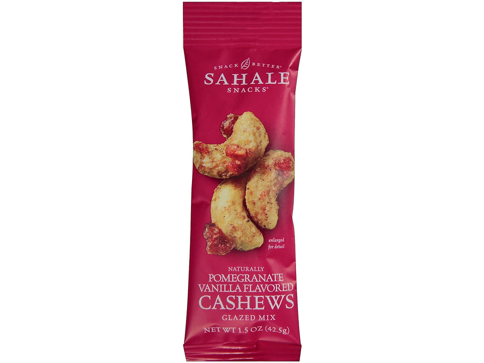 Sahale Snacks pomegranate vanilla flavored cashews, on-the-go energy.