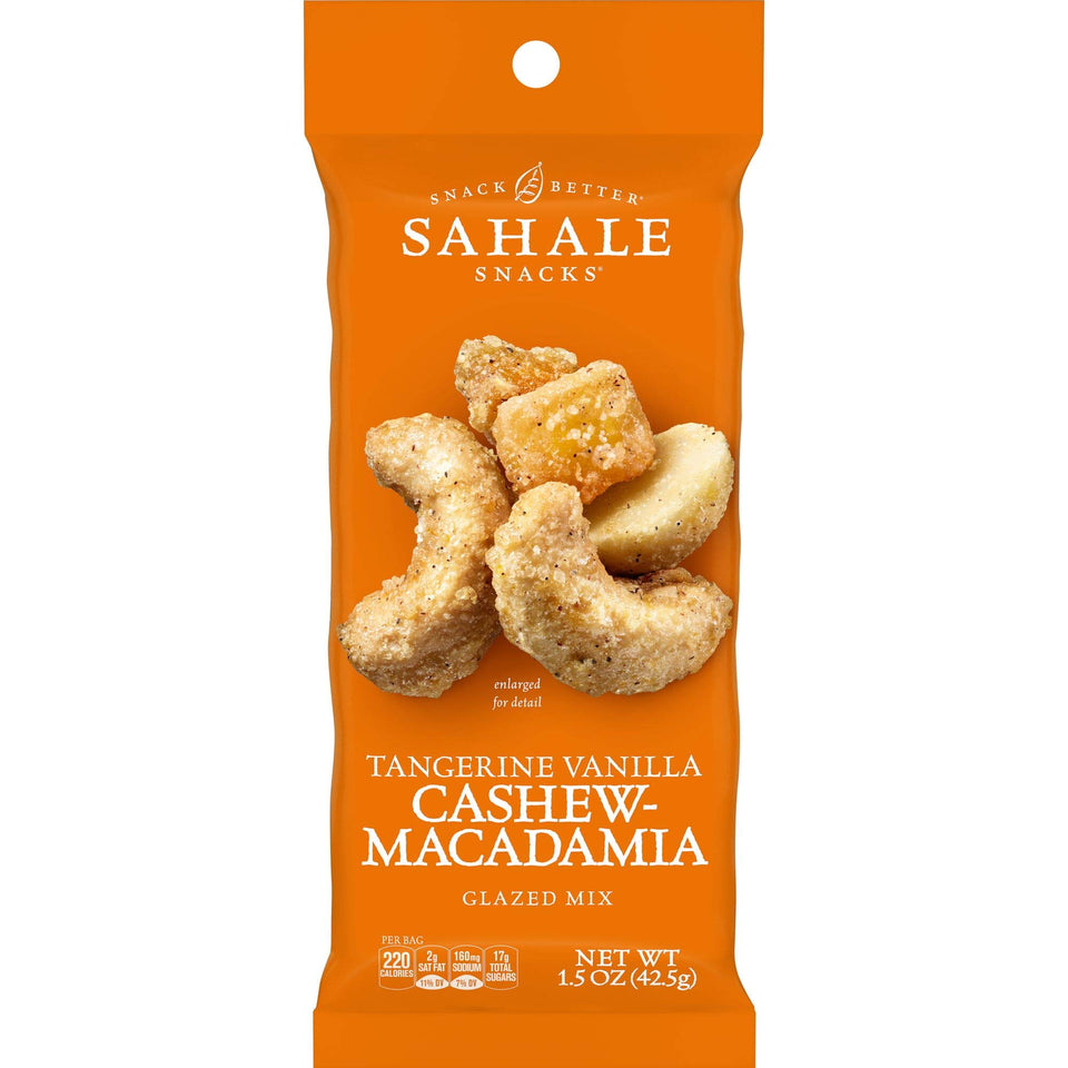 Sahale Snacks Tangerine Vanilla Glazed Nuts in a resealable pouch for on-the-go snacking.