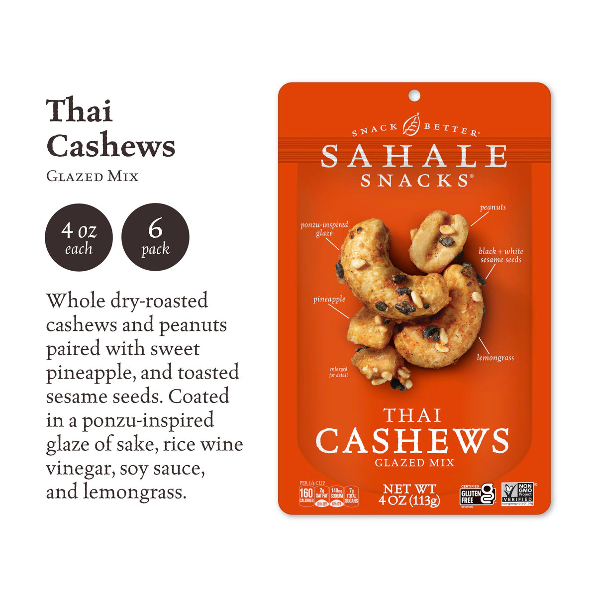 Sahale Thai Cashews Glazed Mix close-up of nuts and pineapple; ideal for on-the-go snacking