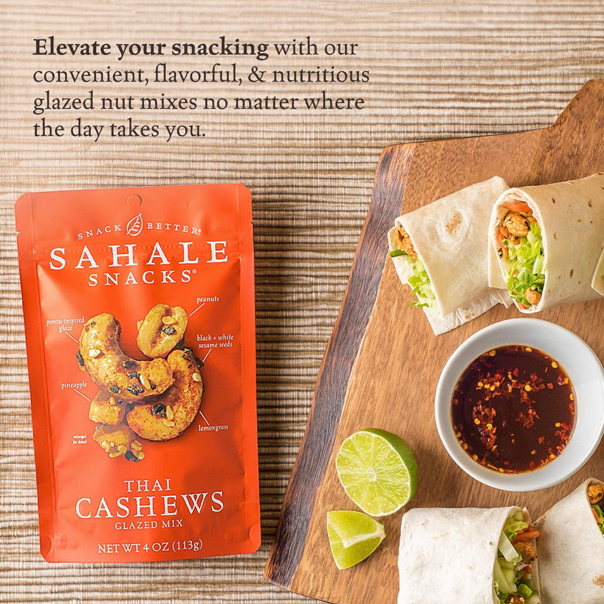Sahale Thai Cashews Glazed Mix bag open with resealable closure maintains freshness