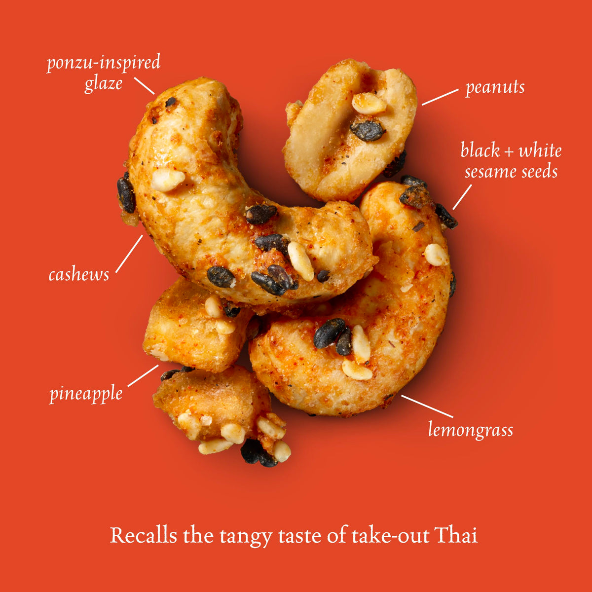 Sahale Thai Cashews Glazed Mix glaze drizzle on nuts highlights bold Thai inspired flavor