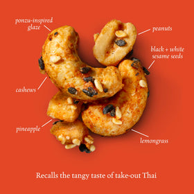 Sahale Thai Cashews Glazed Mix glaze drizzle on nuts highlights bold Thai inspired flavor