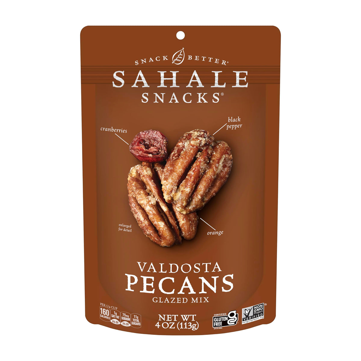 Sahale Snacks Valdosta Pecans Glazed Mix bag view highlights glossy glaze and balanced flavors