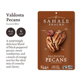 Ingredients close-up of Sahale Valdosta Pecans Glazed Mix showing pecans, cranberries and glaze