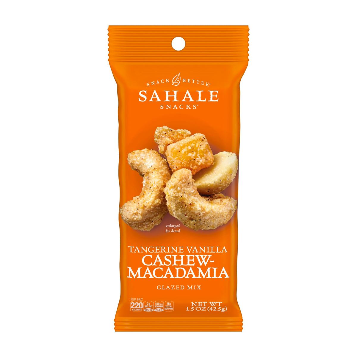 Sahale Snacks Tangerine Vanilla Glazed Nuts bag on countertop ready for on-the-go.