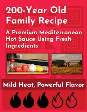 Sahara Harissa ingredients display with sun-dried chilies and garlic.