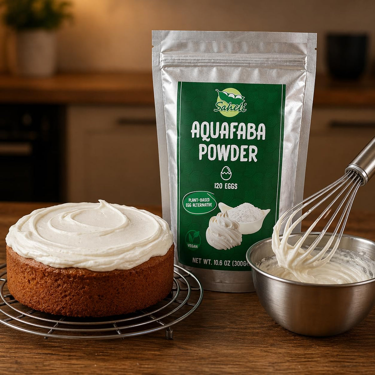 Saheli Aquafaba Powder beside ingredients for quick preparation