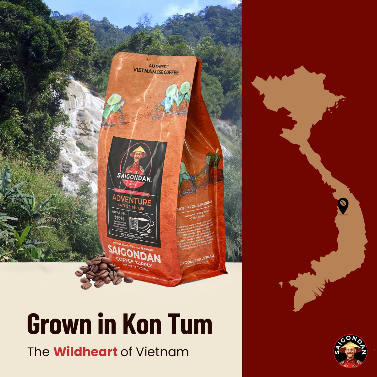 Saigondan Adventure espresso shot highlights bold Robusta notes for quick mornings.
