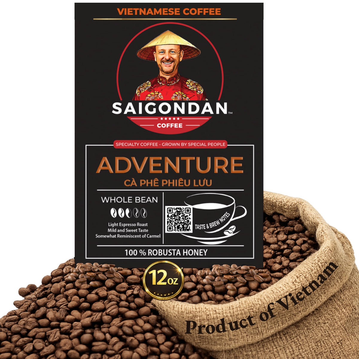 Saigondan Adventure packaging showcases premium single origin Vietnamese coffee.
