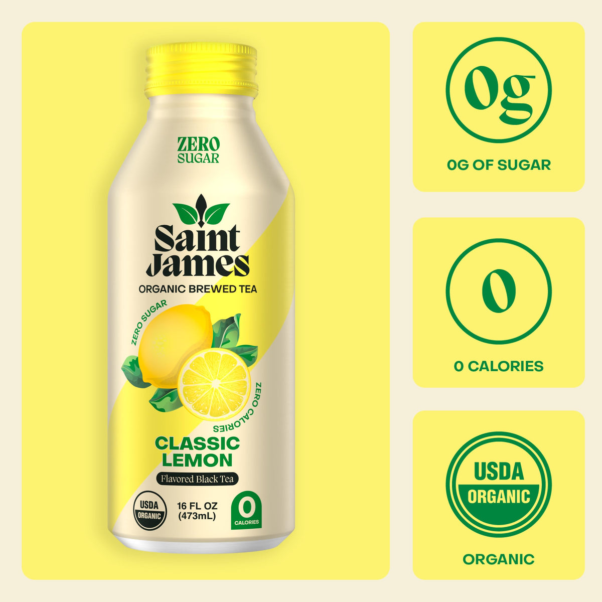 Saint James Iced Tea bottle being poured for a crisp, refreshing sip
