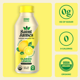 Saint James Iced Tea bottle being poured for a crisp, refreshing sip