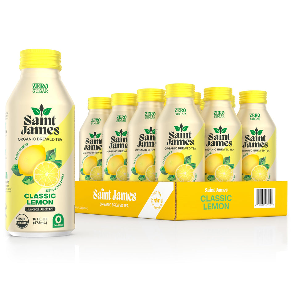 Saint James Iced Tea bottle with classic lemon, refreshing anytime