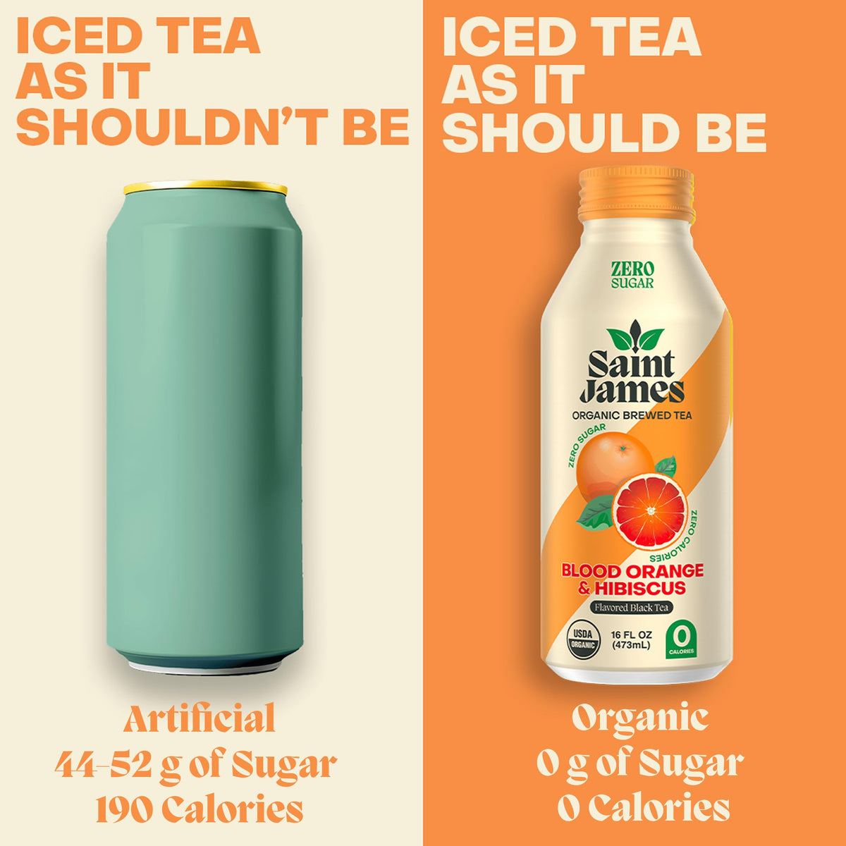 Saint James Iced Tea aluminum packaging preserves freshness and is recyclable.