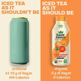 Saint James Iced Tea aluminum packaging preserves freshness and is recyclable.