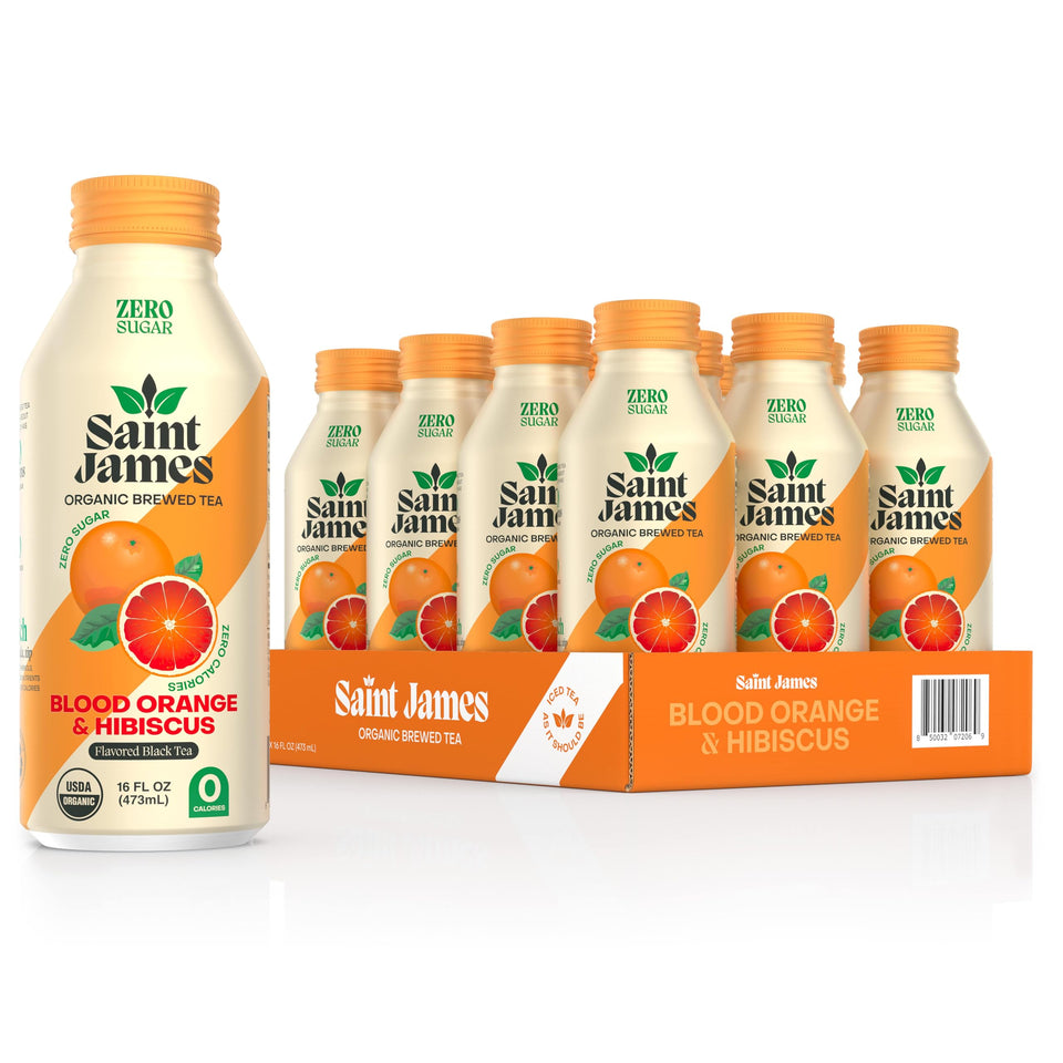 Saint James Iced Tea Blood Orange twelve-pack, vibrant flavor for refreshing, zero-calorie enjoyment.